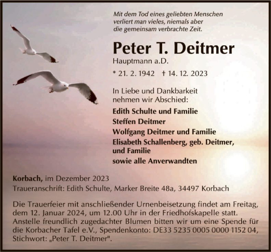 Traueranzeige von Peter T. Deitmer von WLZ