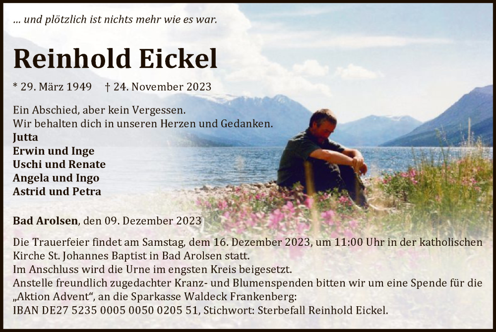  Traueranzeige für Reinhold Eickel vom 09.12.2023 aus WLZ