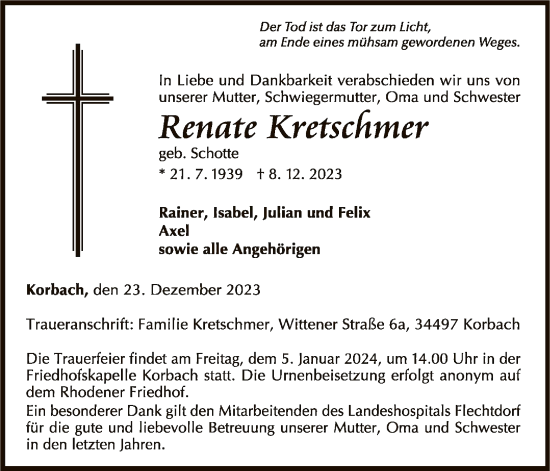 Traueranzeige von Renate Kretschmer von WLZ