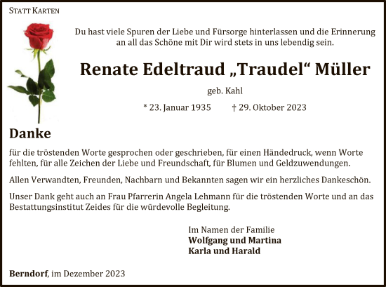 Traueranzeige von Renate Edeltraud Müller von WLZ