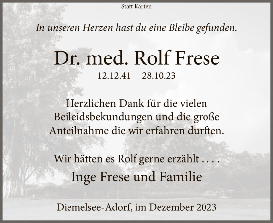 Traueranzeige von Rolf Frese von WLZ