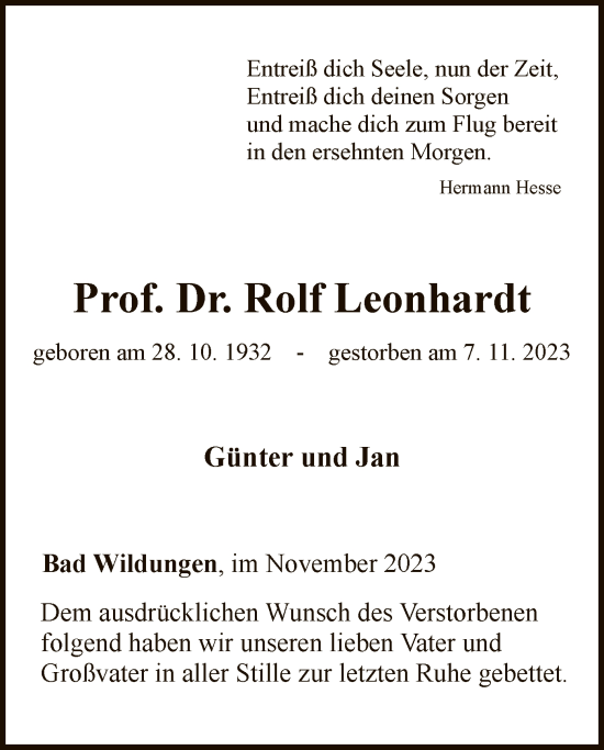 Traueranzeige von Rolf Leonhardt von WLZ