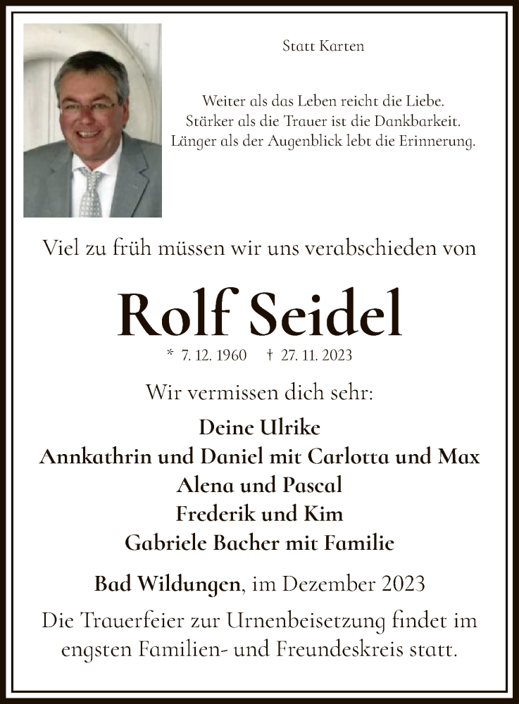 Traueranzeige für Rolf Seidel vom 16.12.2023 aus WLZ