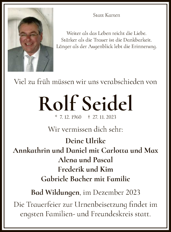 Traueranzeige von Rolf Seidel von WLZ