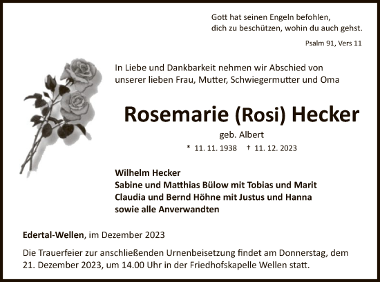 Traueranzeige von Rosemarie  Hecker von WLZ