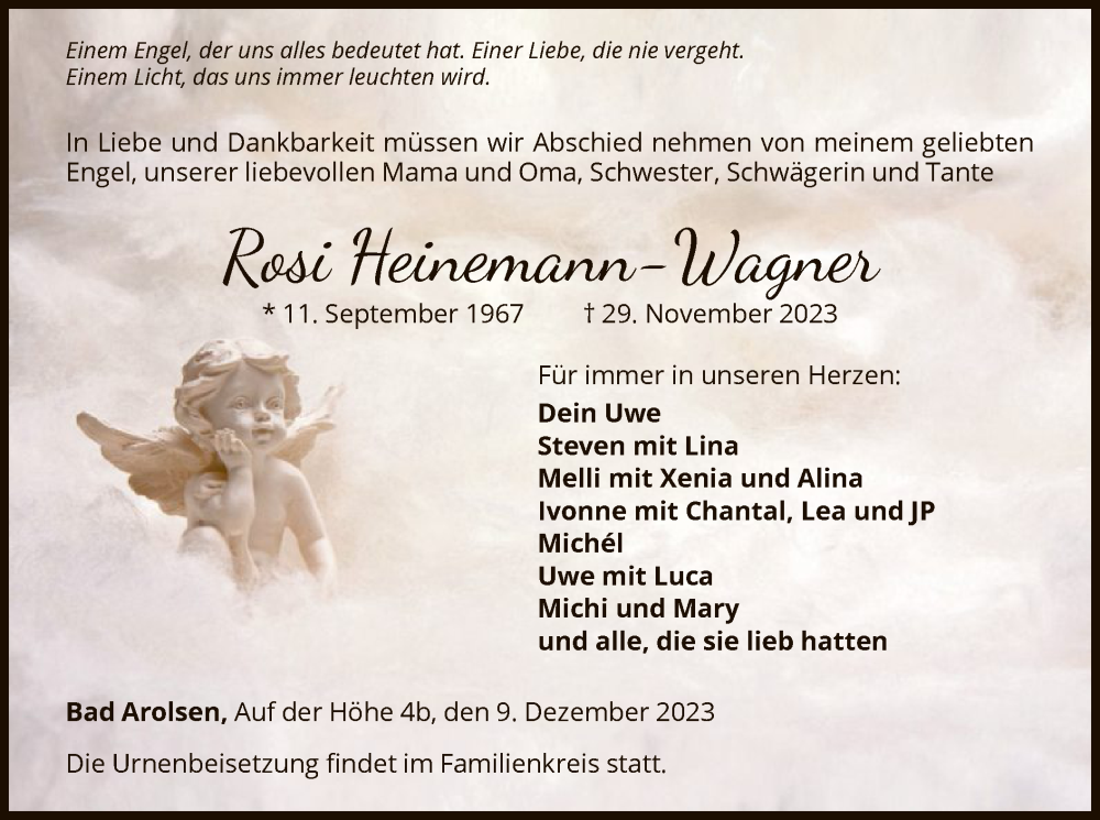  Traueranzeige für Rosi Heinemann-Wagner vom 09.12.2023 aus WLZ