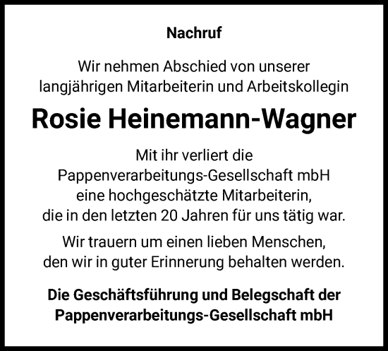 Traueranzeige von Rosie Heinemann-Wagner von WLZ