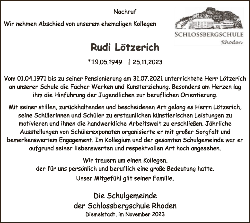  Traueranzeige für Rudi Lötzerich vom 09.12.2023 aus WLZ
