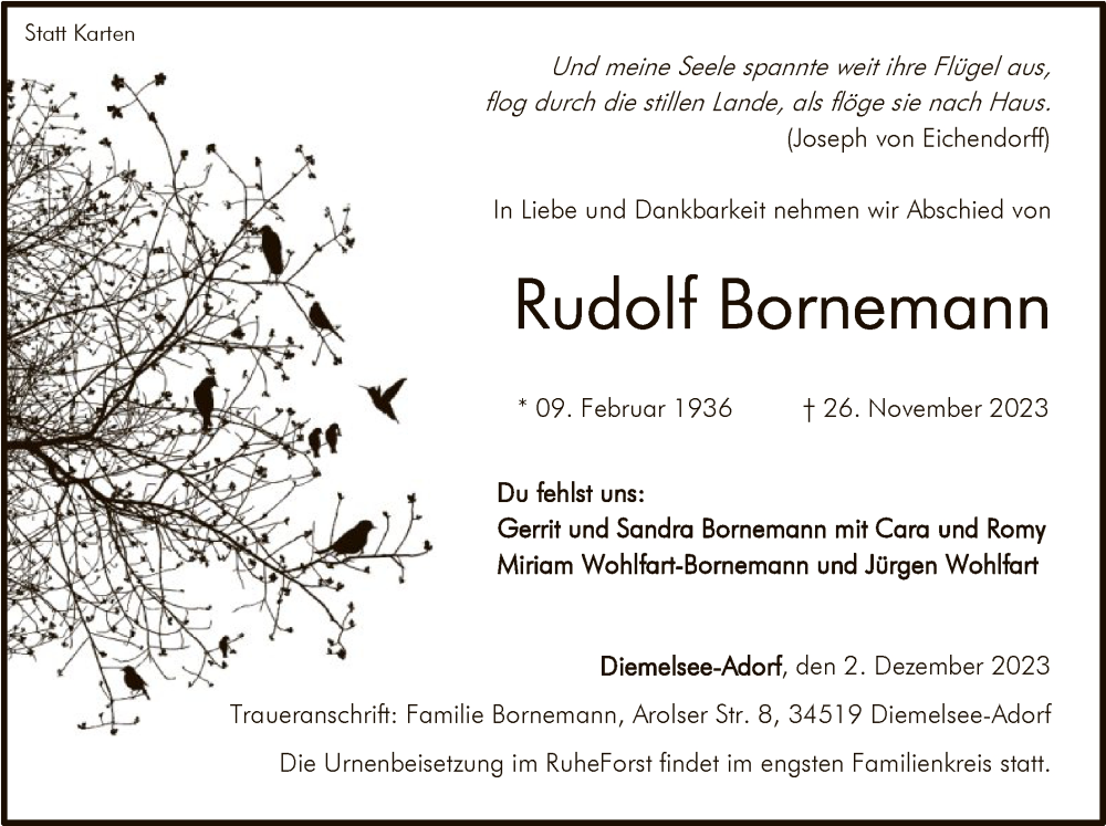  Traueranzeige für Rudolf Bornemann vom 02.12.2023 aus WLZ