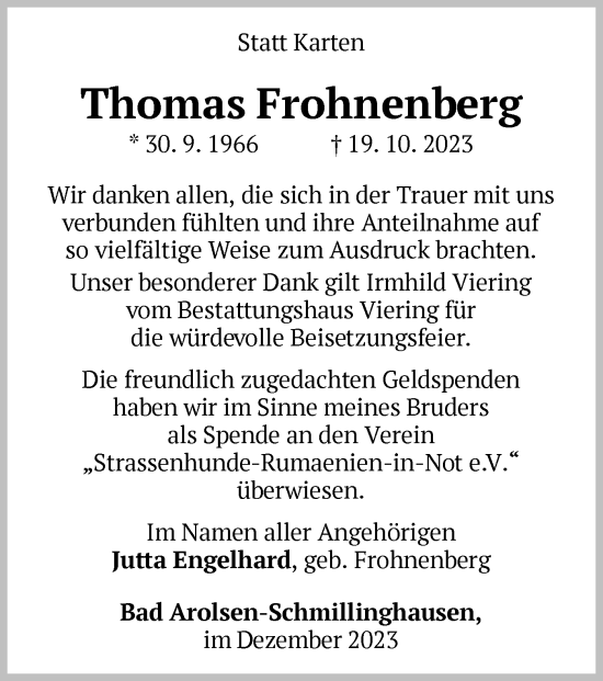 Traueranzeige von Thomas Frohnenberg von WLZ