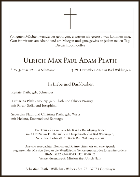 Traueranzeige von Ulrich Max Paul Adam Plath von WLZ