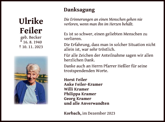 Traueranzeige von Ulrike Feiler von WLZ