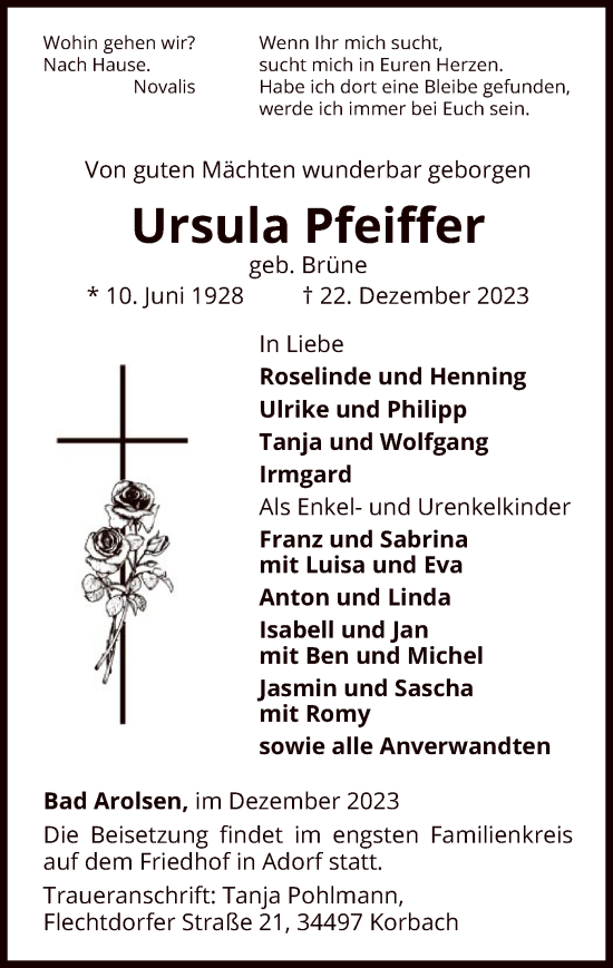 Traueranzeige von Ursula Pfeiffer von WLZ