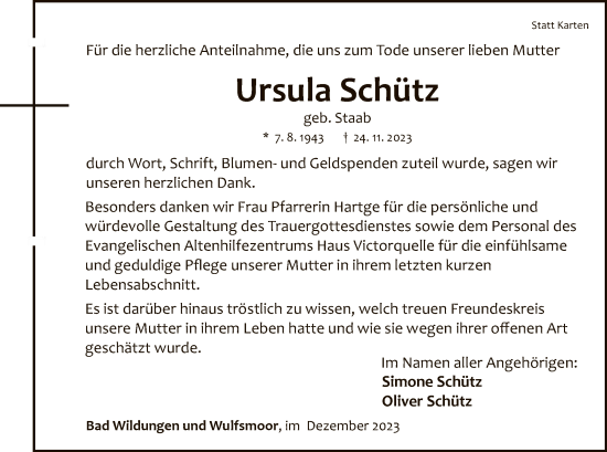 Traueranzeige von Ursula Schütz von WLZ