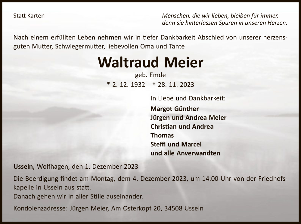  Traueranzeige für Waltraud Meier vom 01.12.2023 aus WLZ