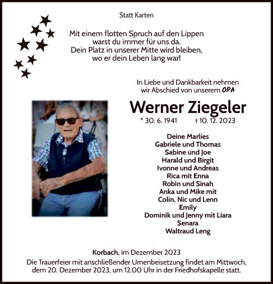 Traueranzeige von Werner Ziegeler von WLZ