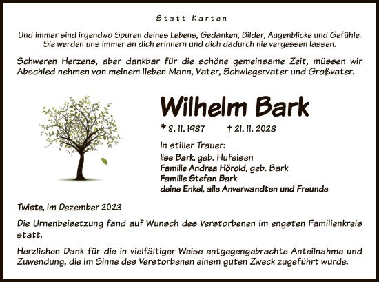 Traueranzeige von Wilhelm Bark von WLZ