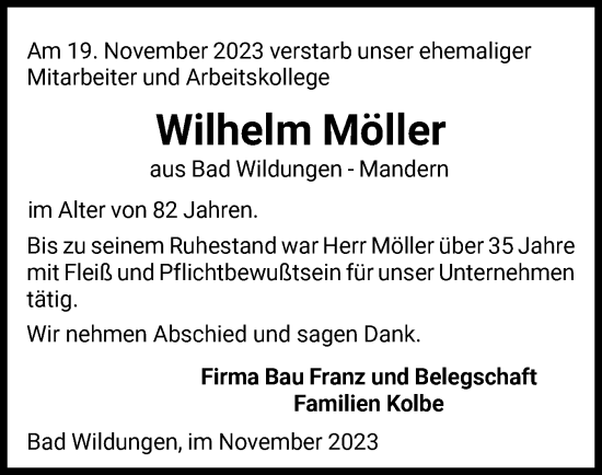 Traueranzeige von Wilhelm Möller von WLZ