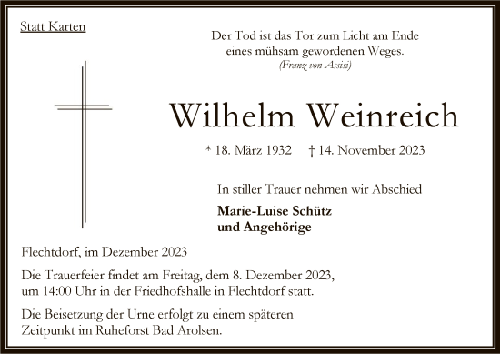 Traueranzeige von Wilhelm Weinreich von WLZ