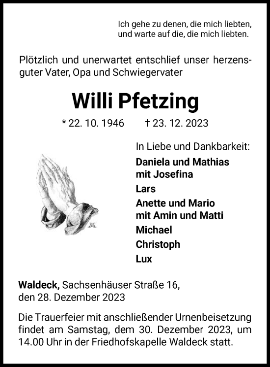 Traueranzeige von Willi Pfetzing von WLZ