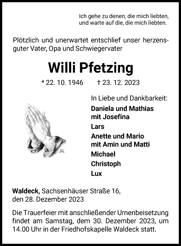  Traueranzeige für Willi Pfetzing vom 28.12.2023 aus WLZ