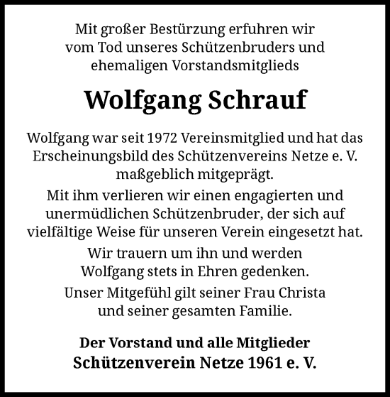 Traueranzeige von Wolfgang Schrauf von WLZ