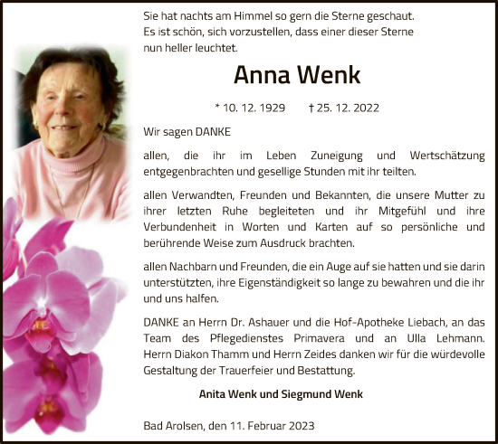 Traueranzeige von Anna Wenk von WLZ