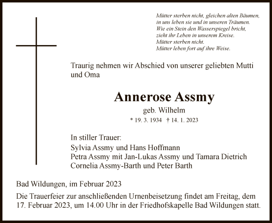 Traueranzeige von Annerose Assmy von WLZ