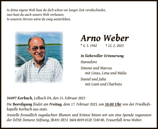 Traueranzeige von Arno Weber von WLZ
