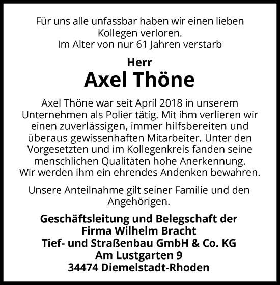 Traueranzeige von Axel Thöne von WLZ