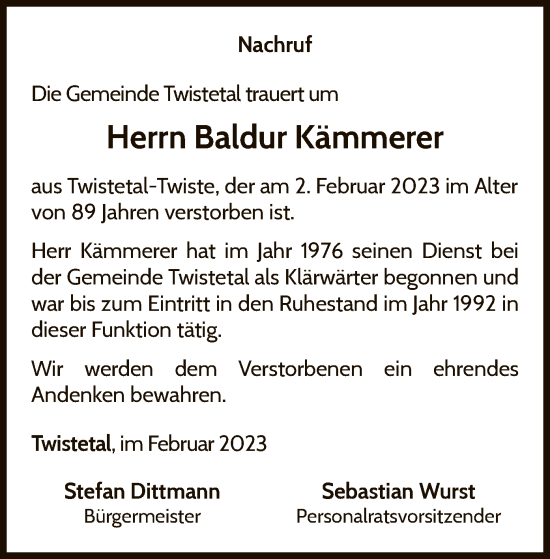 Traueranzeige von Baldur Kämmerer von WLZ