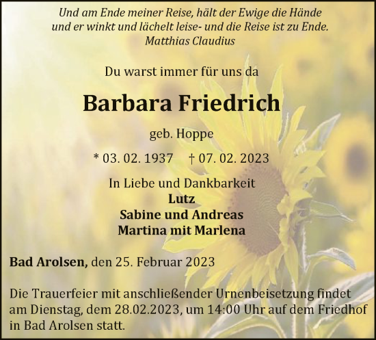 Traueranzeige von Barbara Friedrich von WLZ