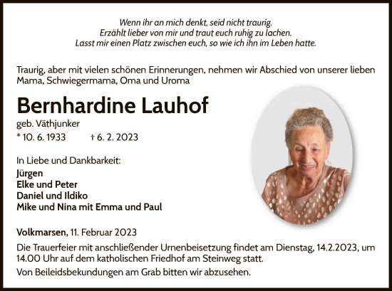 Traueranzeige von Bernhardine Lauhof von WLZ