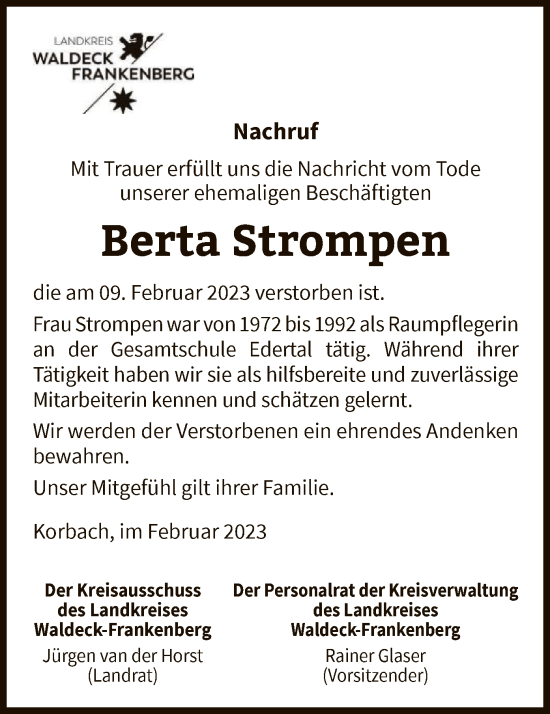 Traueranzeige von Berta Strompen von WLZ