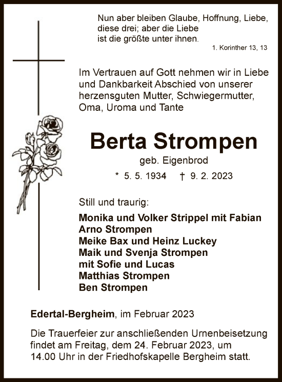 Traueranzeige von Berta Strompen von WLZ