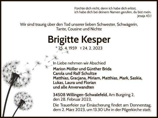 Traueranzeige von Brigitte Kesper von WLZ