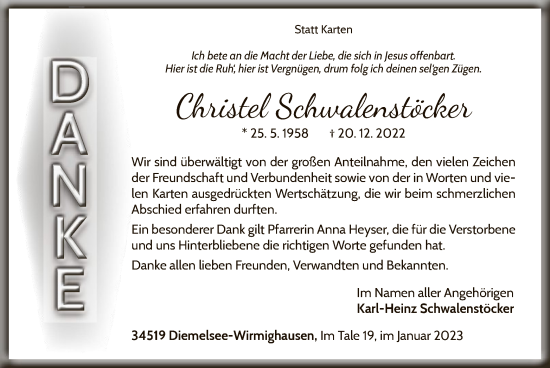 Traueranzeige von Christel Schwalenstöcker von WLZ