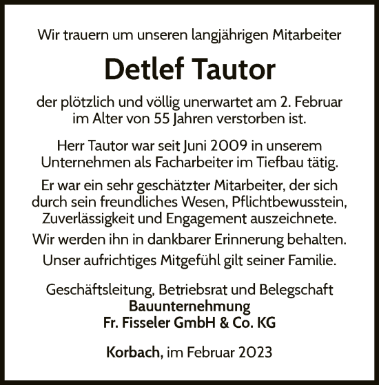 Traueranzeige von Detlef Tautor von WLZ