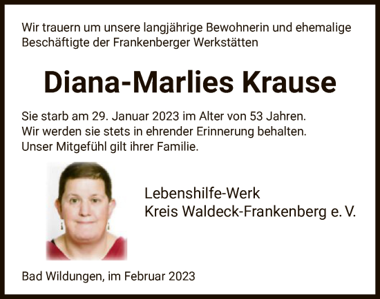 Traueranzeige von Diana-Marlies Krause von WLZ