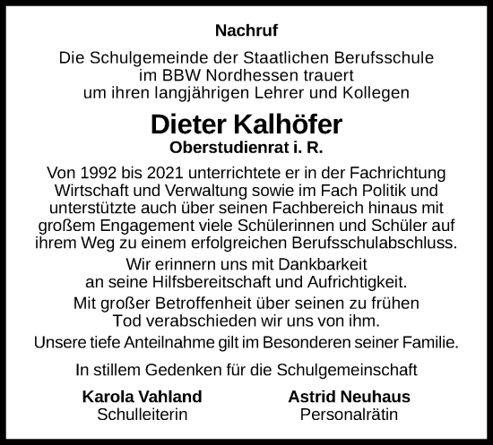 Traueranzeige von Dieter Kalhöfer von WLZ