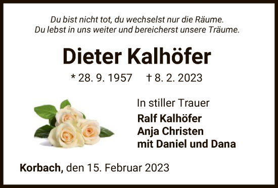 Traueranzeige von Dieter Kalhöfer von WLZ