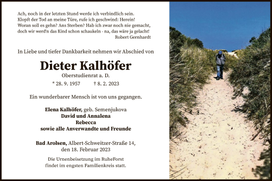 Traueranzeige von Dieter Kalhöfer von WLZ