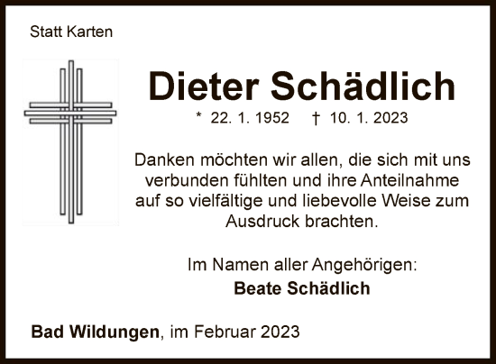 Traueranzeige von Dieter Schädlich von WLZ