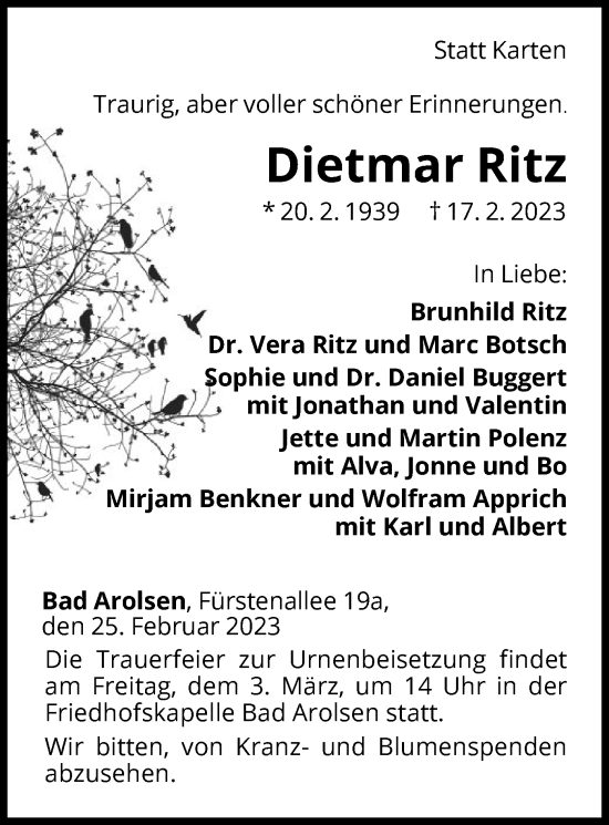 Traueranzeige von Dietmar Ritz von WLZ