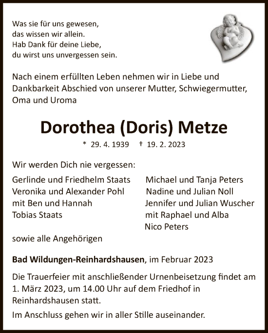 Traueranzeige von Dorothea Metze von HNA