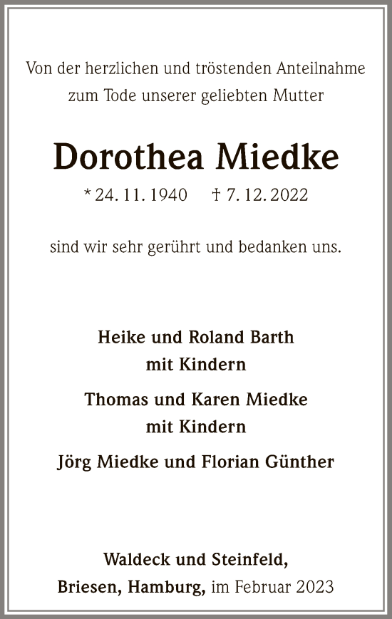 Traueranzeige von Dorothea Miedke von WLZ