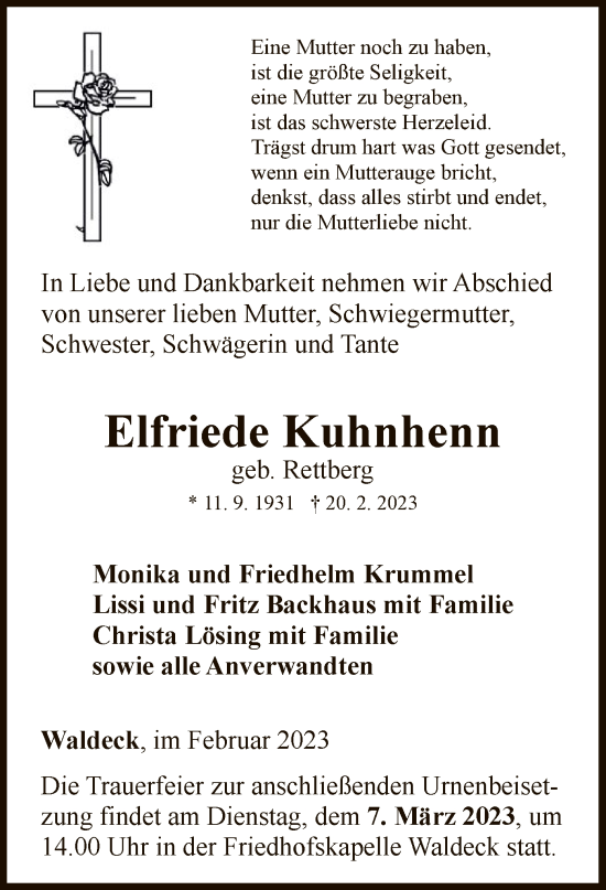 Traueranzeige von Elfriede Kuhnhenn von WLZ