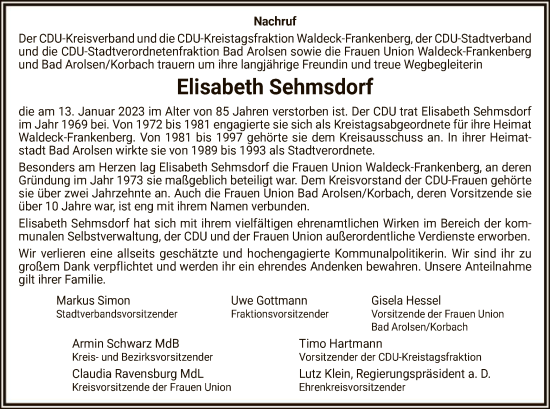 Traueranzeige von Elisabeth Sehmsdorf von WLZ