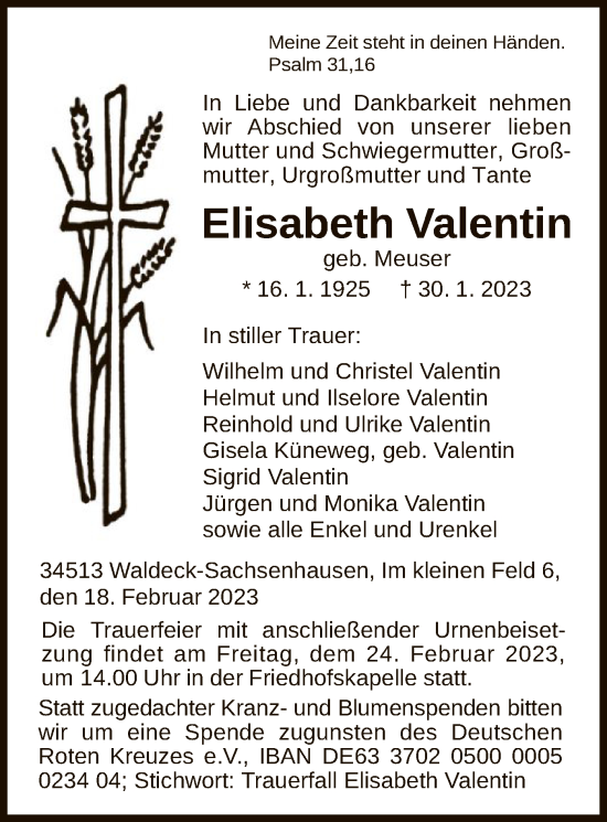 Traueranzeige von Elisabeth Valentin von WLZ