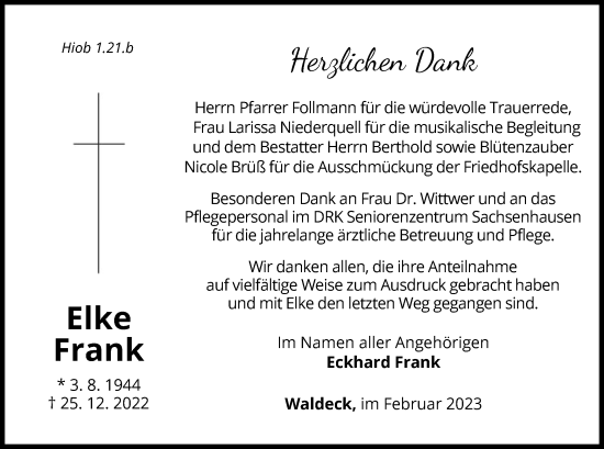 Traueranzeige von Elke Frank von WLZ